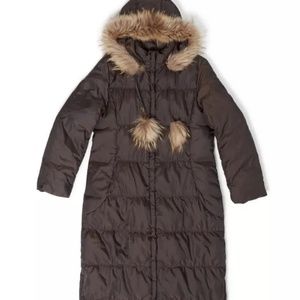 Via Spiga Long Brown Hood Puffer Long Jacket Coat With Genuine Fox Fur - Size M
